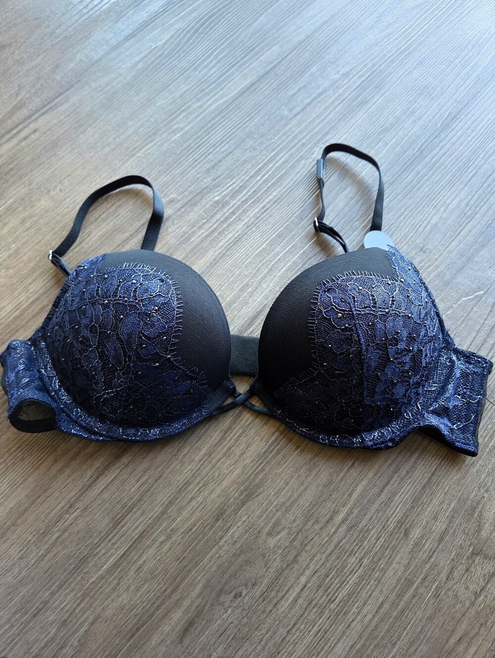 NWT Victoria's Secret Bombshell Plunge Bra Metallic Navy Blue Lace 34A 357188